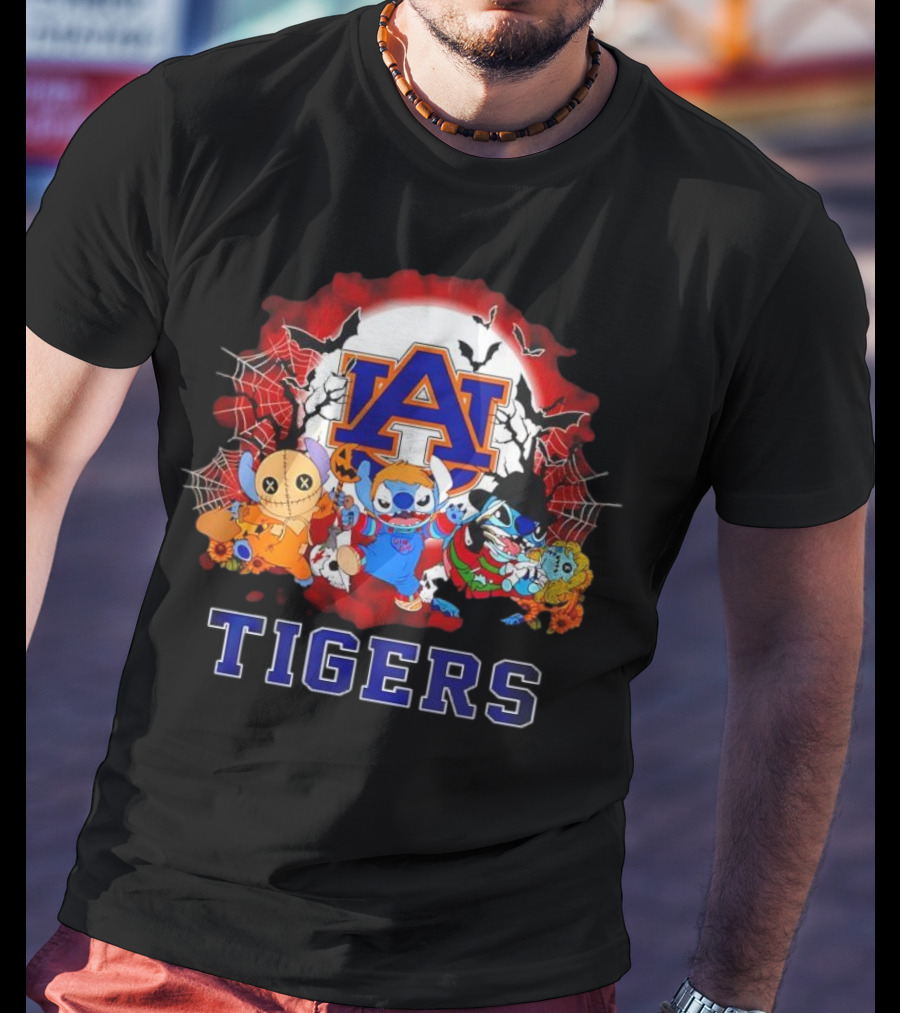 Lilo & Stitch Auburn Tigers Halloween Costumes With Spider Webs And Bats T-Shirt