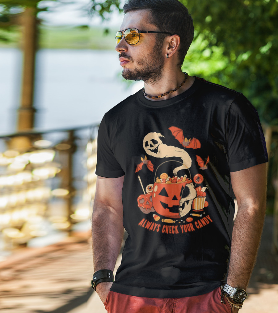 Halloween Always Check Your Candy Spooky Jack-O'-Lantern Ghost Bats And Sweets T-Shirt