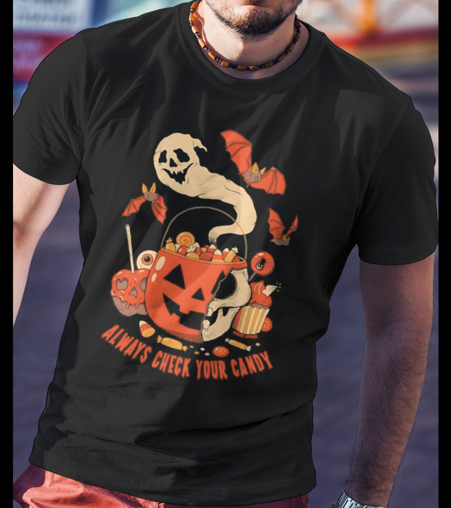 Halloween Always Check Your Candy Spooky Jack-O'-Lantern Ghost Bats And Sweets T-Shirt