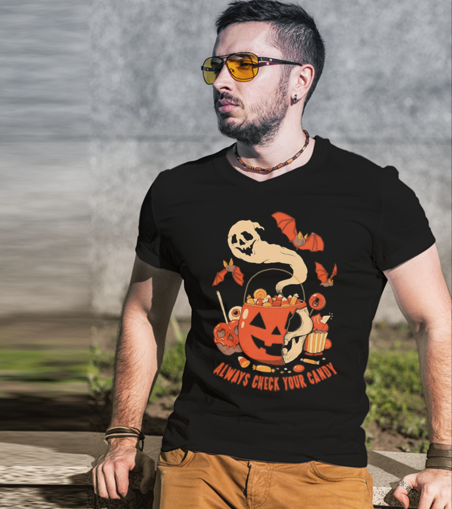Halloween Always Check Your Candy Spooky Jack-O'-Lantern Ghost Bats And Sweets T-Shirt
