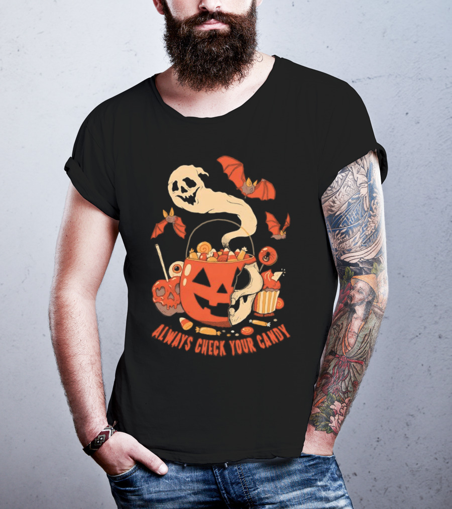 Halloween Always Check Your Candy Spooky Jack-O'-Lantern Ghost Bats And Sweets T-Shirt