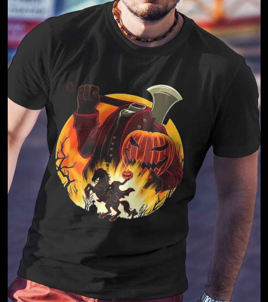 Headless Horseman Galloping Hessian Pumpkin Halloween Axe Rider T-Shirt