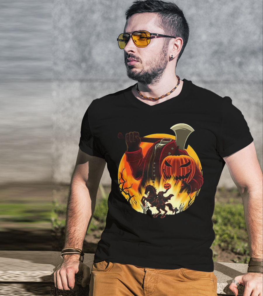 Headless Horseman Galloping Hessian Pumpkin Halloween Axe Rider T-Shirt