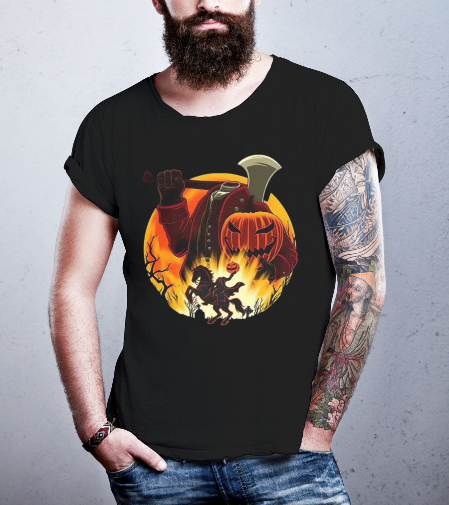 Headless Horseman Galloping Hessian Pumpkin Halloween Axe Rider T-Shirt