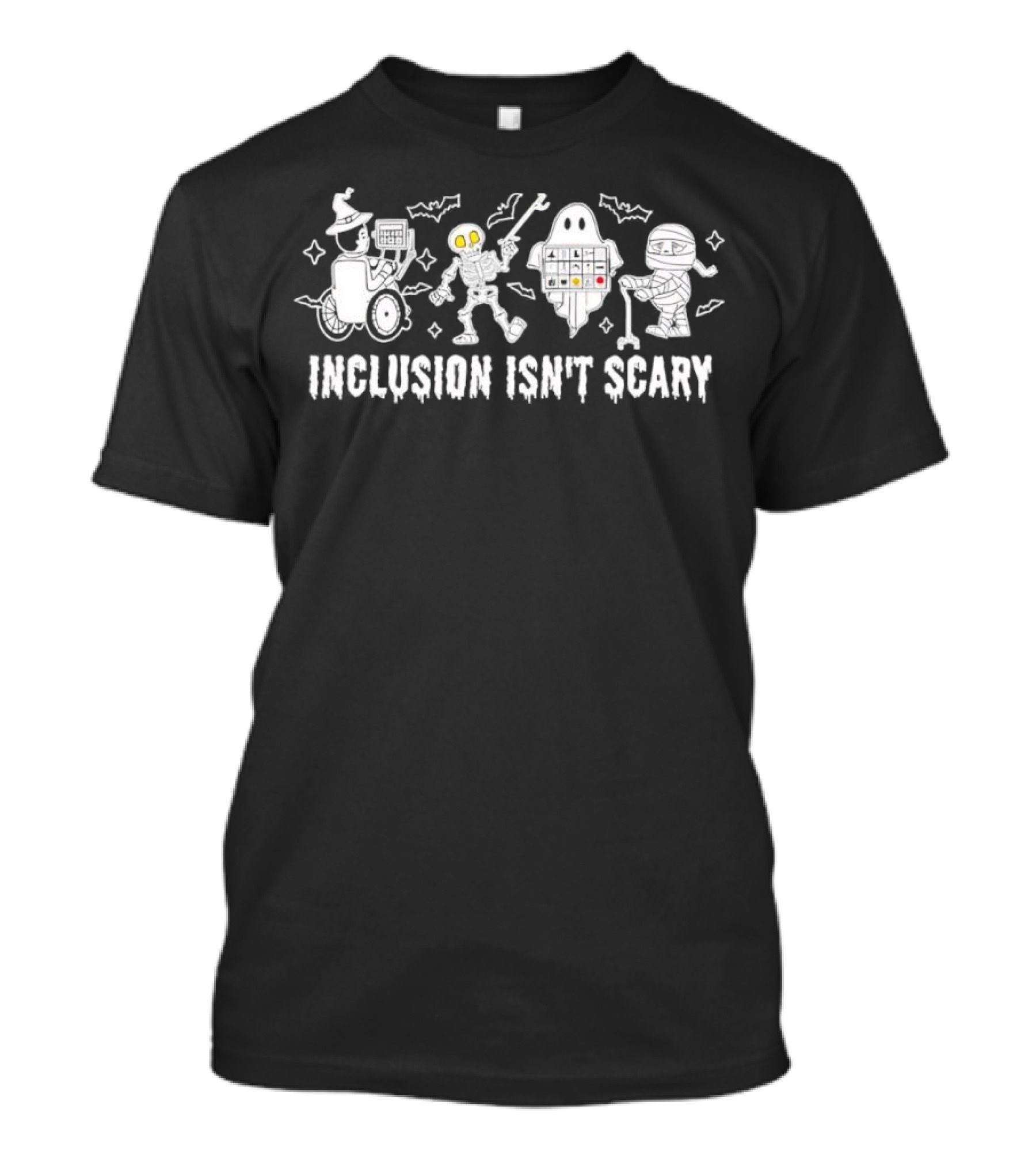 Inclusion Isn’t Scary Halloween Costumes Featuring Wizard Ghost Robot Characters T-Shirt