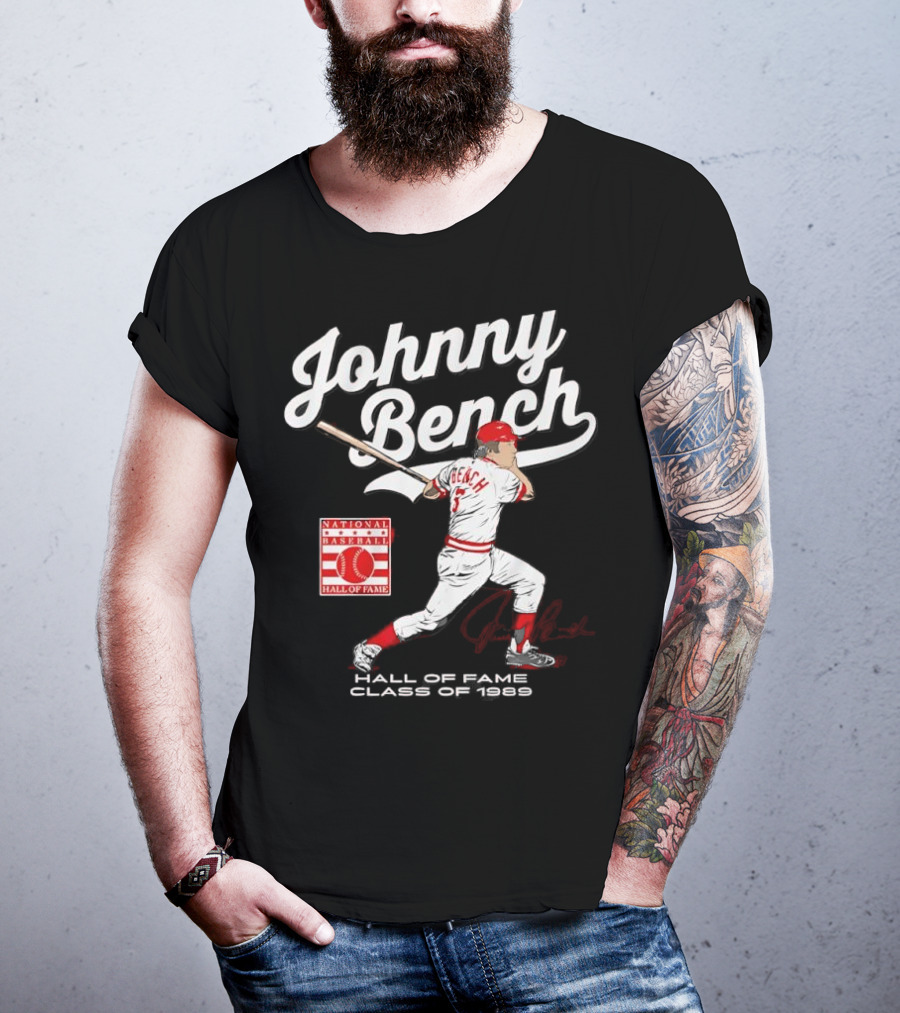 Johnny Bench National Baseball Hall Of Fame Class Of 1989 Signature T-Shirt