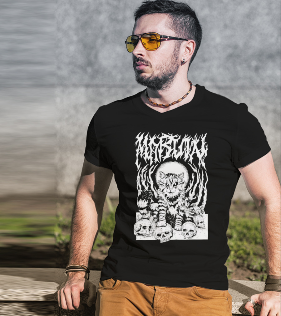 Metal Marvin Skull Cat By Beefaroni Flame Design T-Shirt