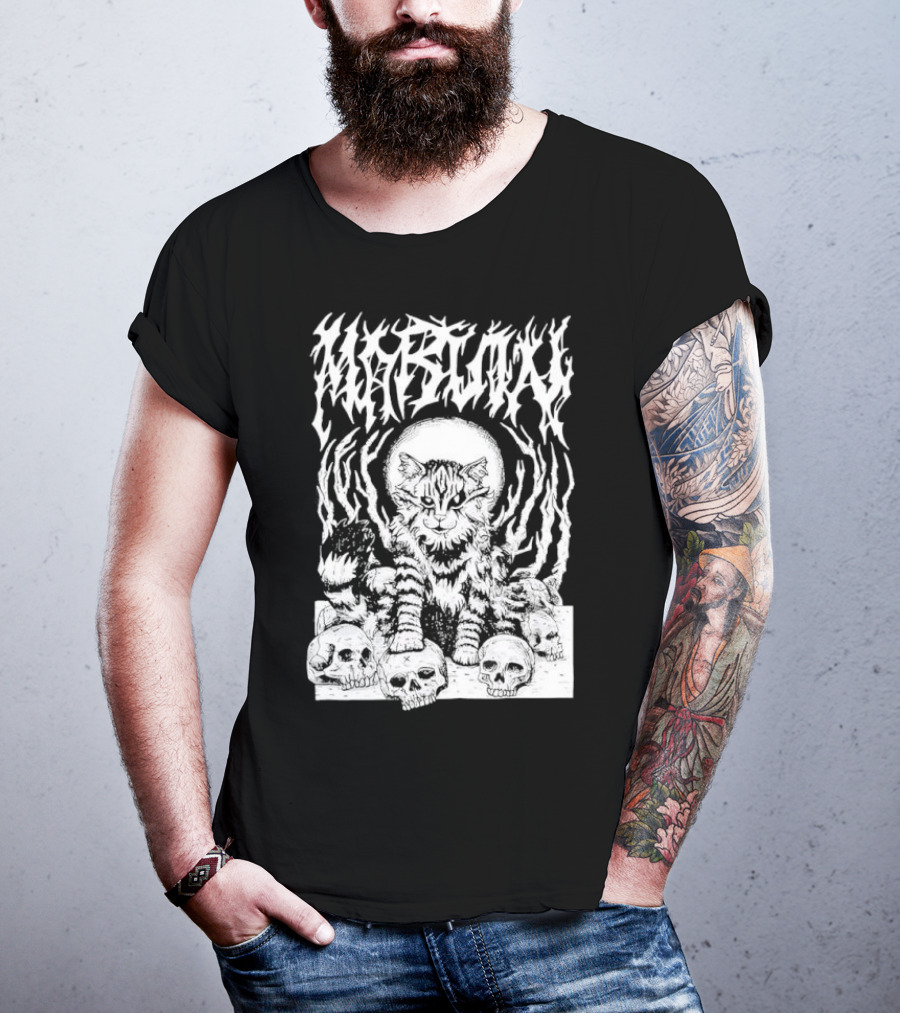 Metal Marvin Skull Cat By Beefaroni Flame Design T-Shirt