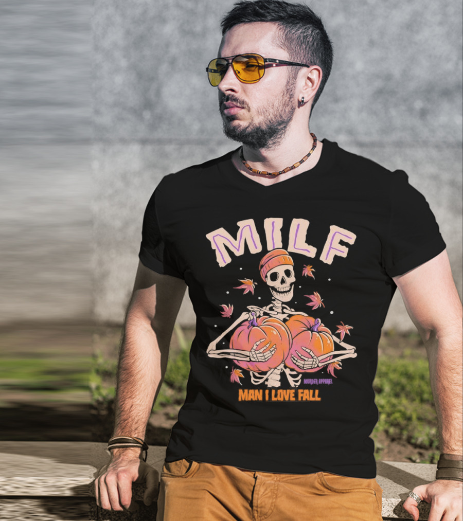 MILF Skeleton Man I Love Fall Pumpkins Leaves Vintage Halloween T-Shirt