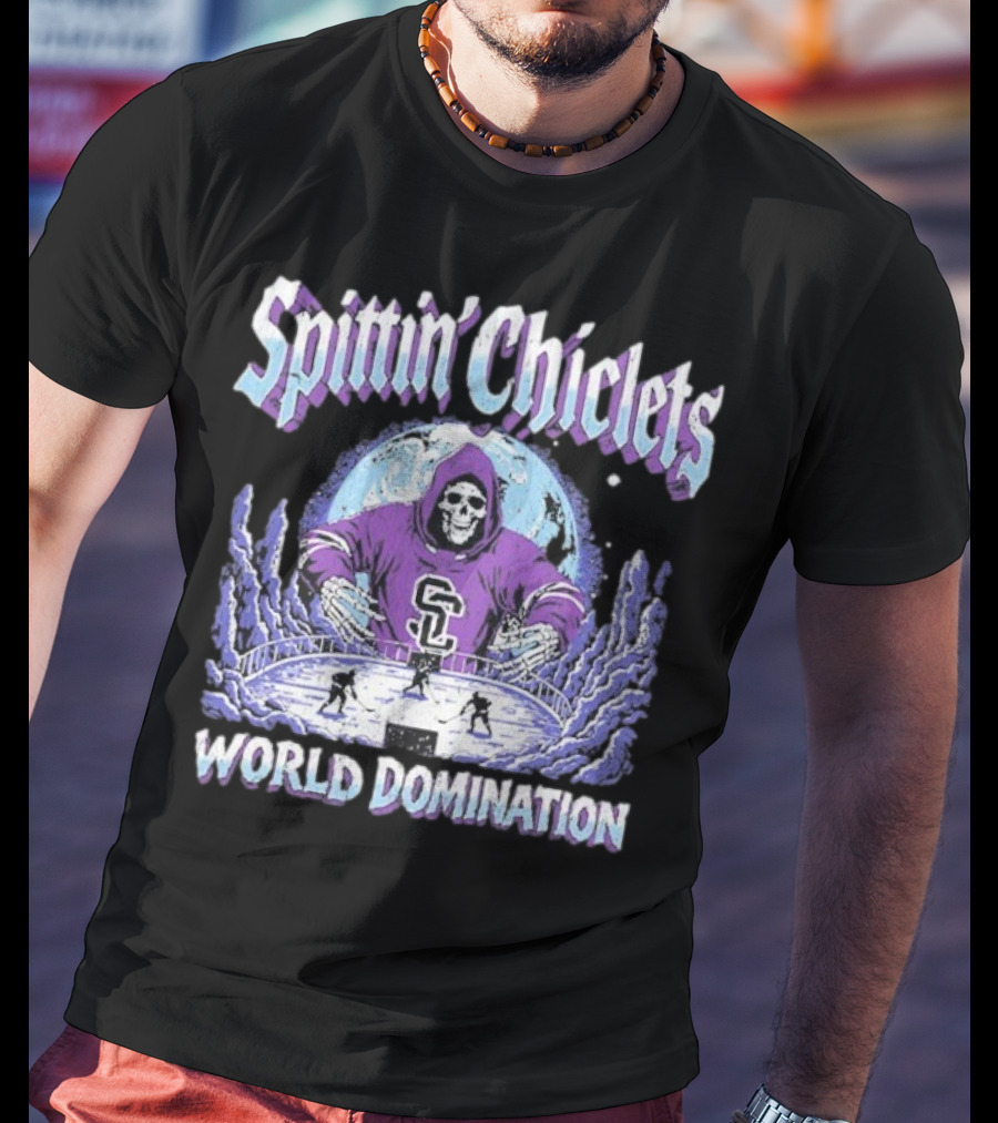 Spittin Chiclets Grim Reaper Hockey World Domination Moon T-Shirt