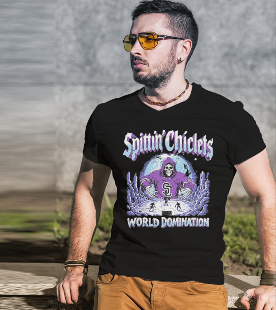 Spittin Chiclets Grim Reaper Hockey World Domination Moon T-Shirt