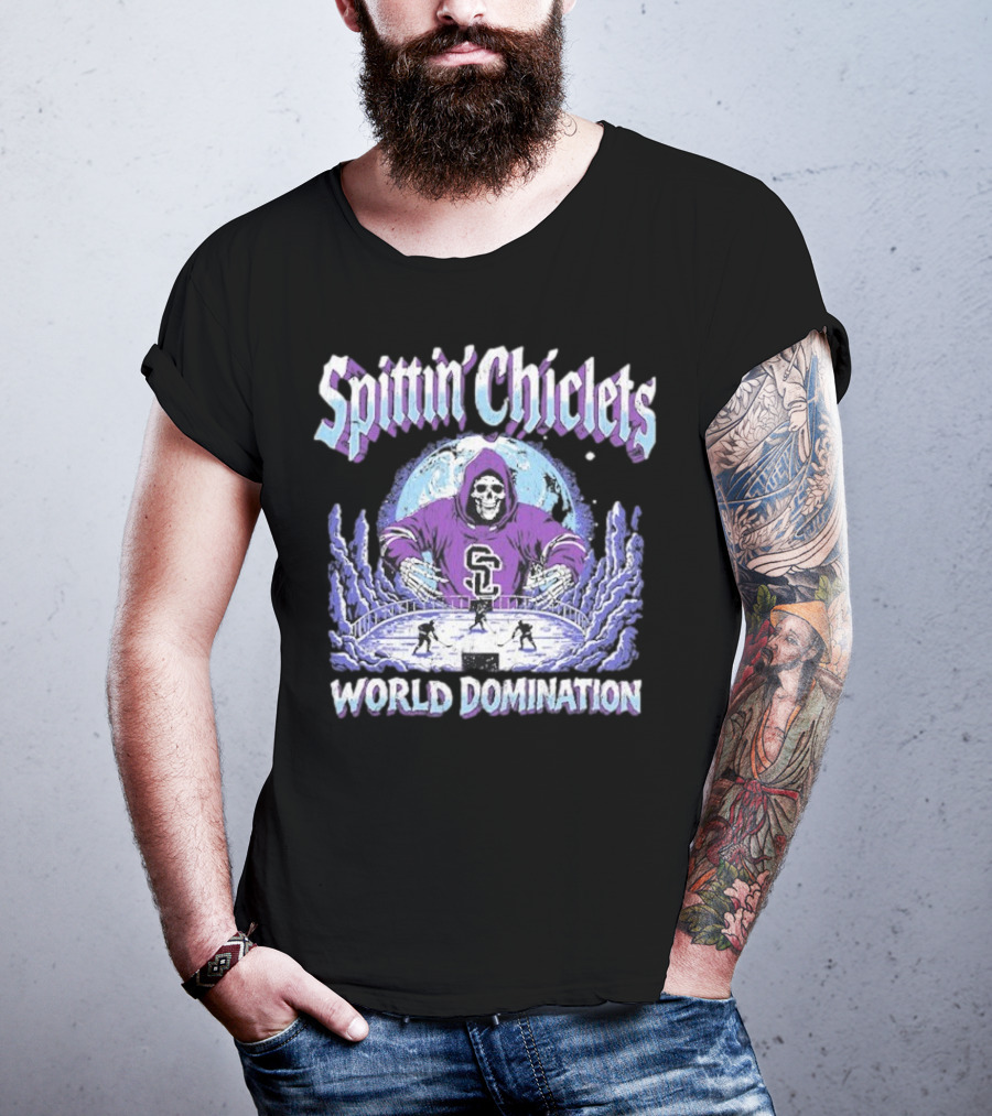 Spittin Chiclets Grim Reaper Hockey World Domination Moon T-Shirt