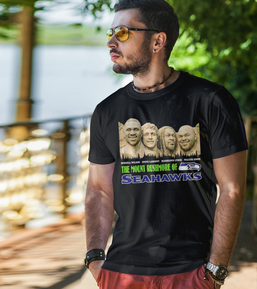 The Mount Rushmore Of Seahawks Russell Wilson Steve Largent Marshawn Lynch Walter Jones T-Shirt