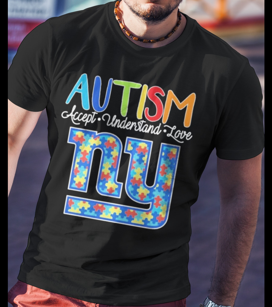Autism Accept Understand Love NY Giants Puzzle Piece Pattern T-Shirt