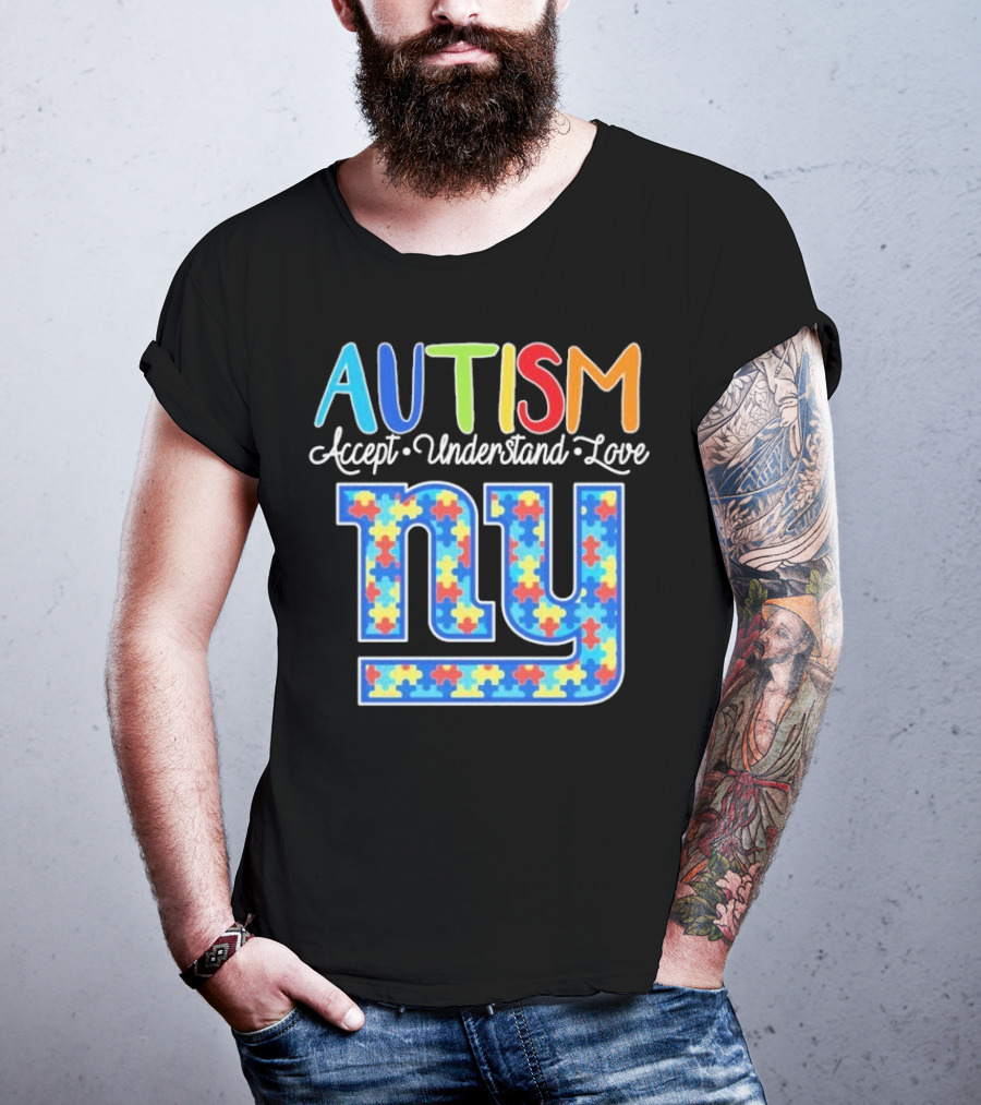 Autism Accept Understand Love NY Giants Puzzle Piece Pattern T-Shirt