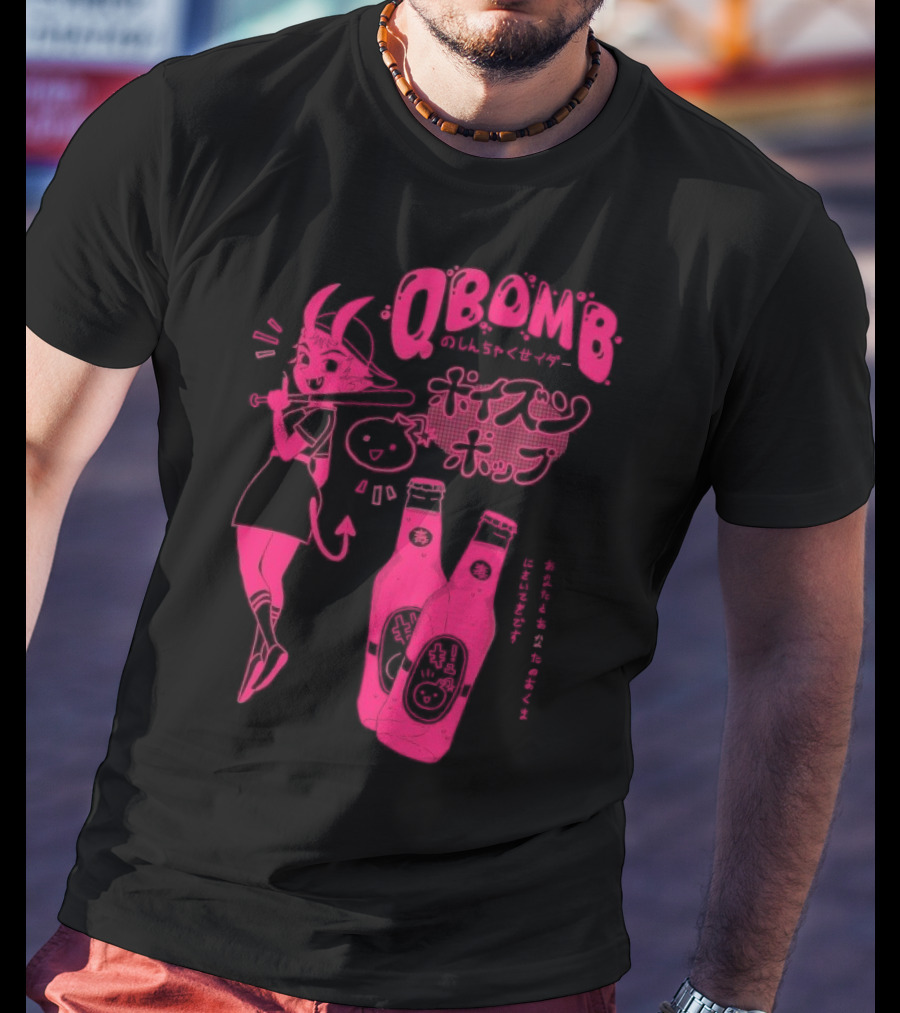 Qbomb Poison Pop Anime Demon Girl Japanese Text Retro Soda Bottles T-Shirt