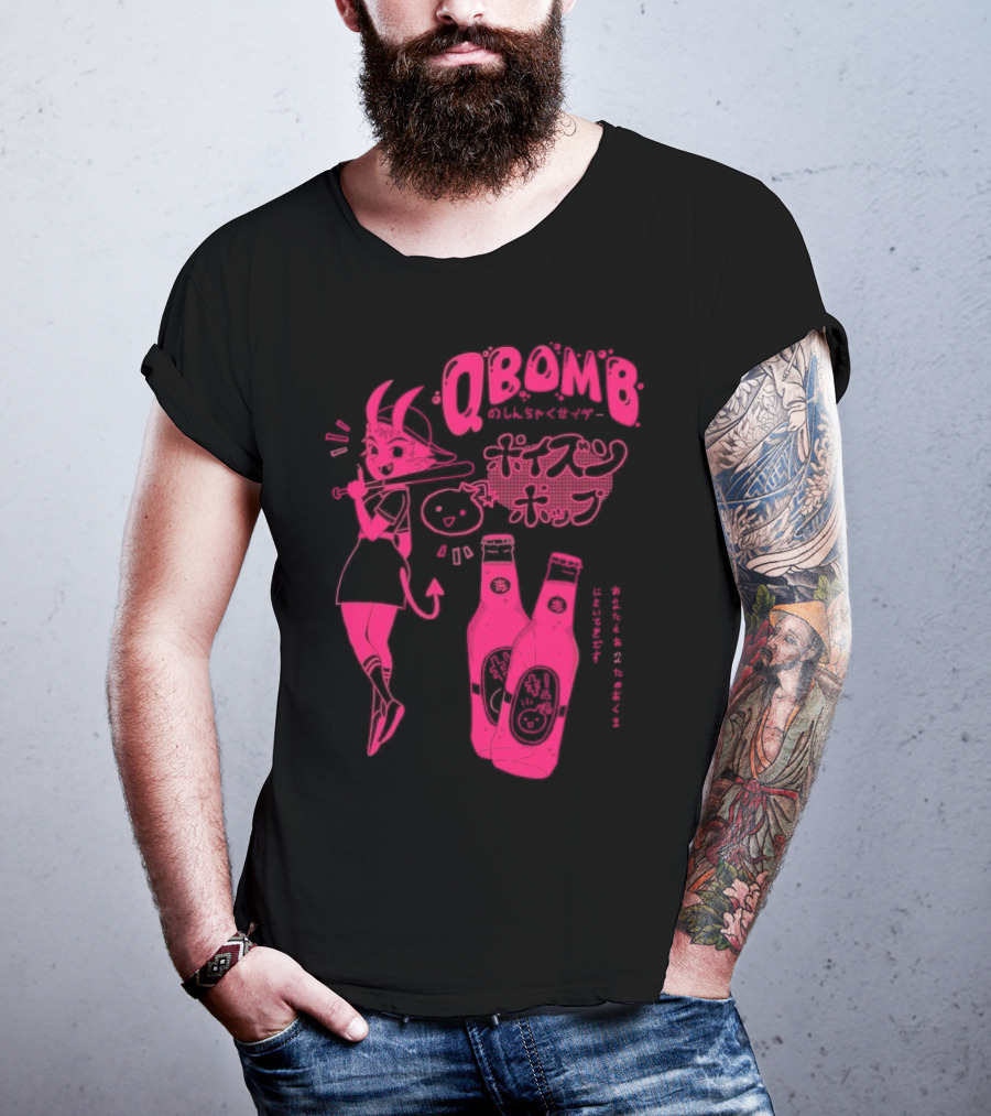 Qbomb Poison Pop Anime Demon Girl Japanese Text Retro Soda Bottles T-Shirt