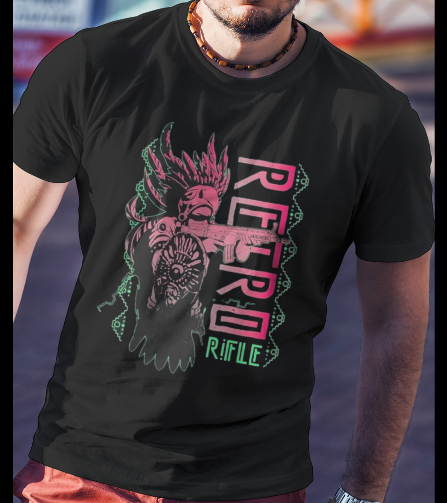 Retro Rifle Aztec Warrior Art Green Pink Feather Pattern T-Shirt