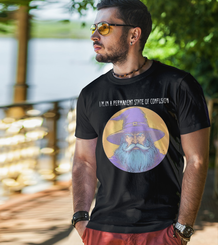 Wizard Magic I'm In A Permanent State Of Confusion Purple Hat Mystic Illustration T-Shirt