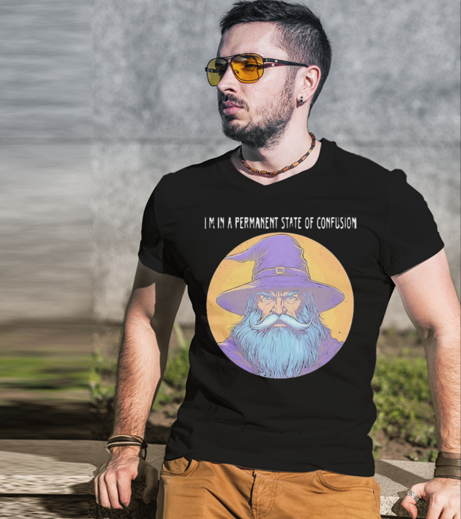 Wizard Magic I'm In A Permanent State Of Confusion Purple Hat Mystic Illustration T-Shirt