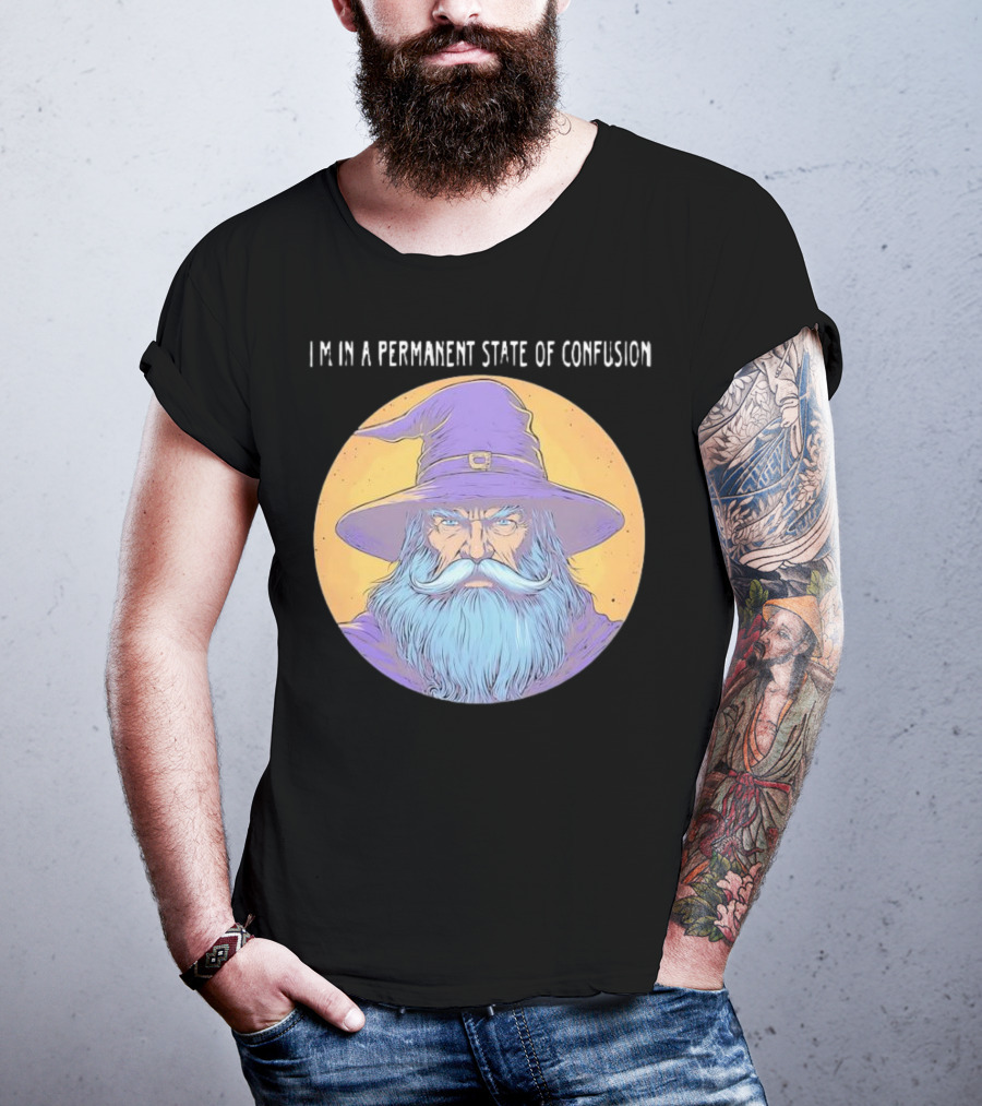 Wizard Magic I'm In A Permanent State Of Confusion Purple Hat Mystic Illustration T-Shirt