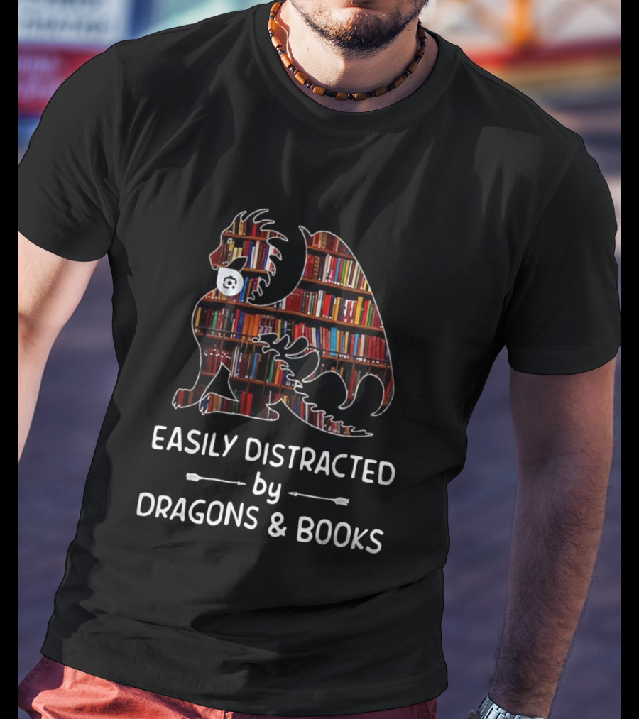 Easily Distracted By Dragons & Books Library Collage T-Shirt