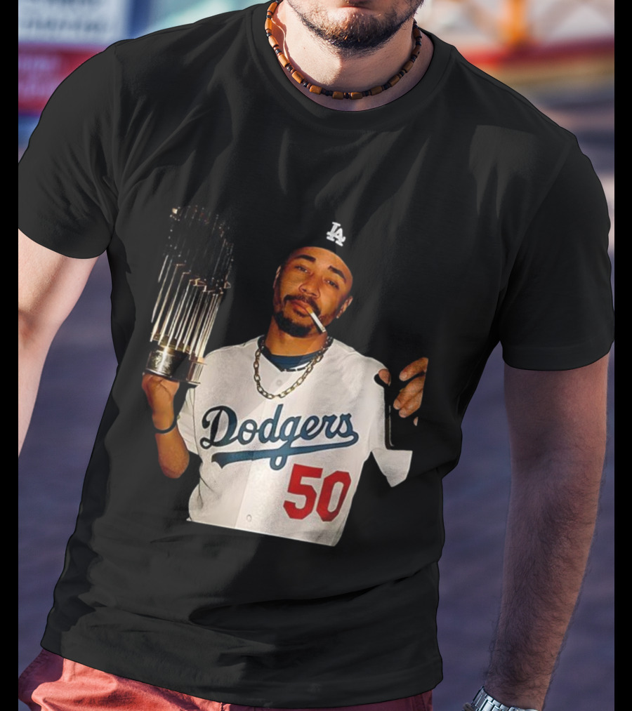 Mookie Betts Dodgers 2025 World Series Champions Celebration Smoking Topps T-Shirt
