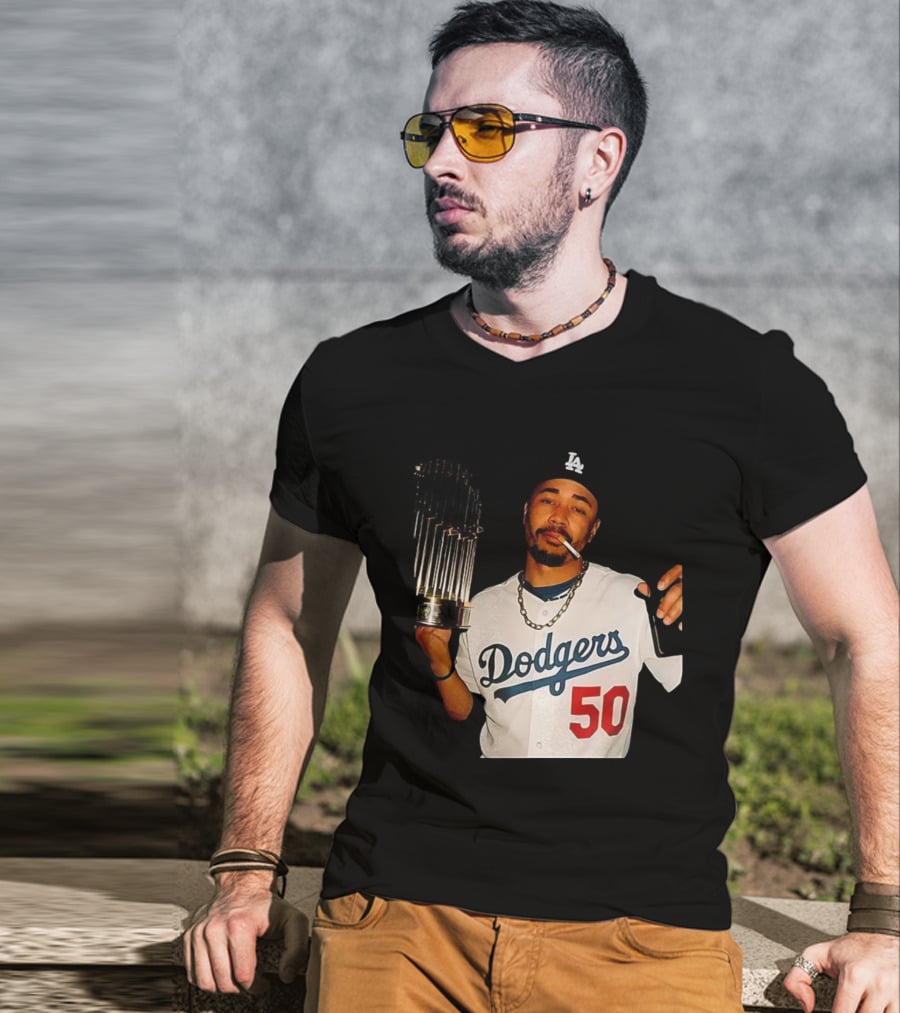 Mookie Betts Dodgers 2025 World Series Champions Celebration Smoking Topps T-Shirt