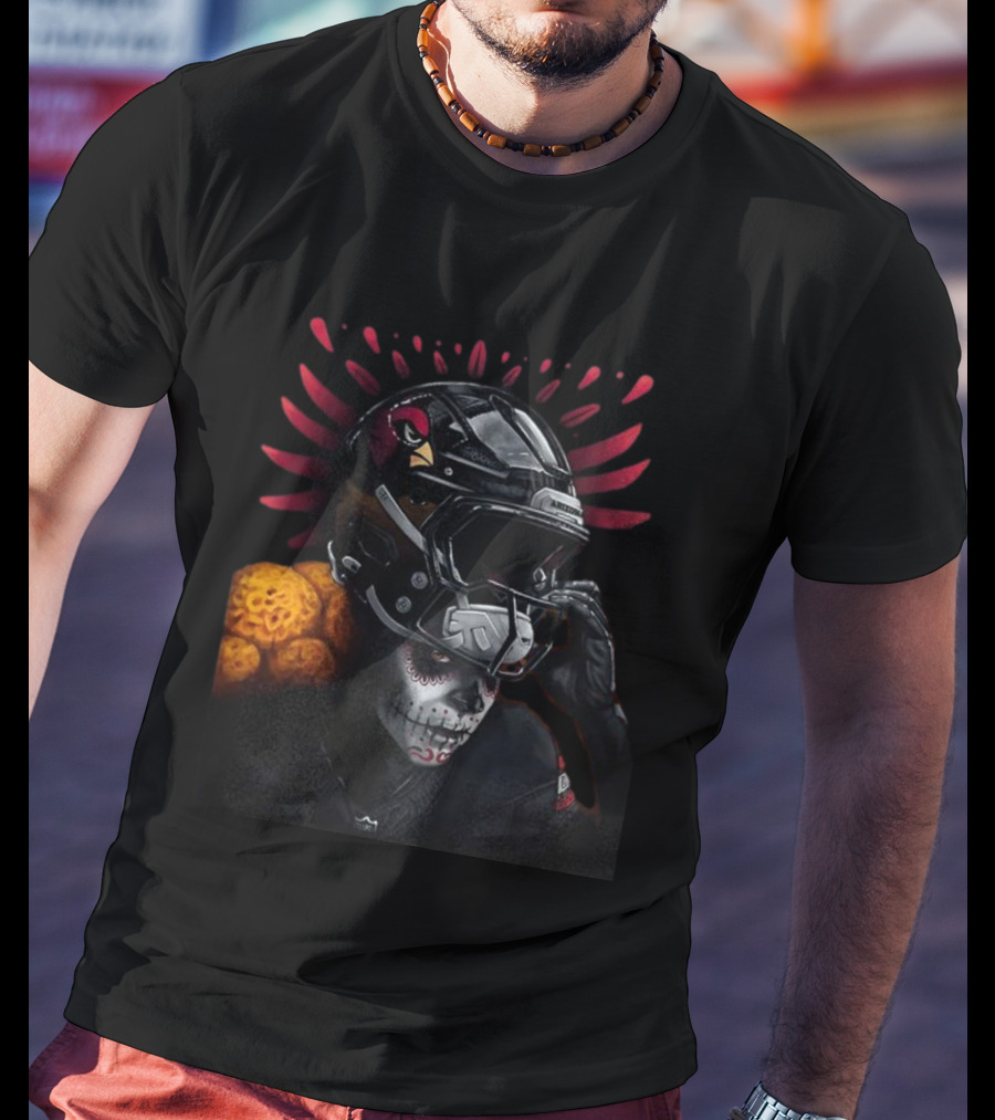 Arizona Cardinals Día De Muertos Football Helmet Skull Design T-Shirt