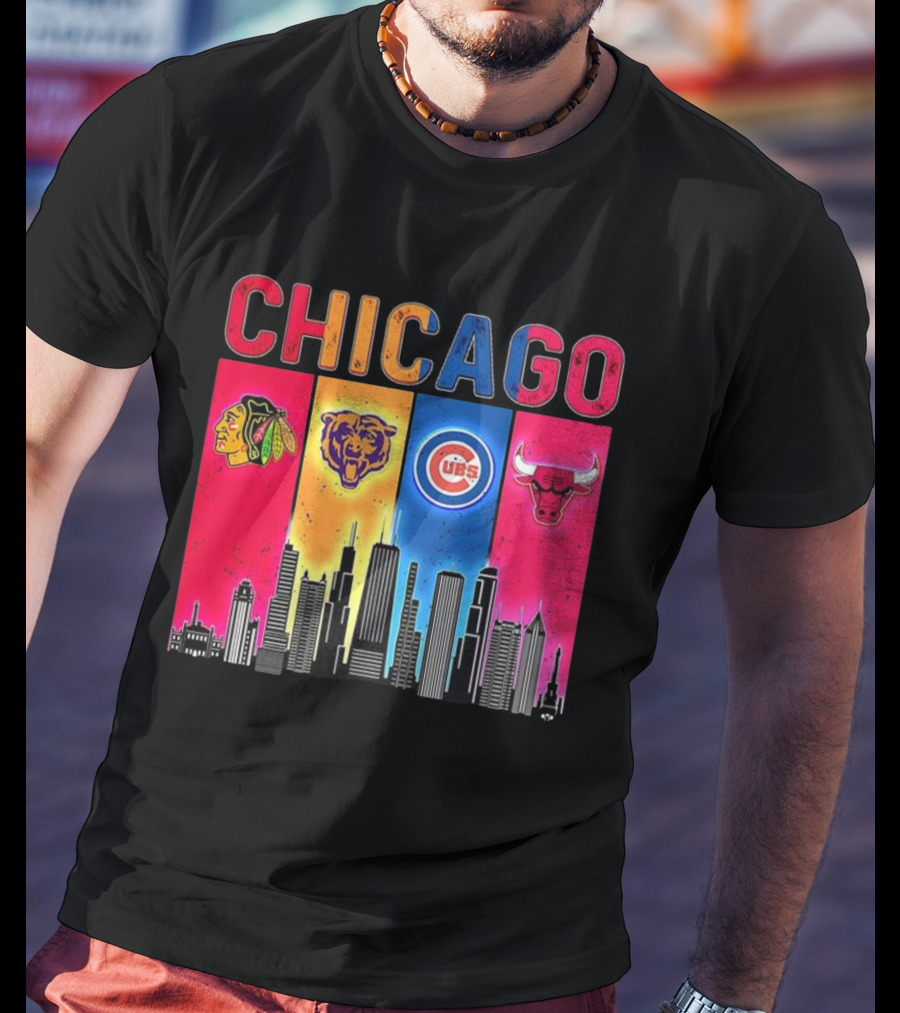 Chicago Blackhawks Bears Cubs Bulls Skyline T-Shirt