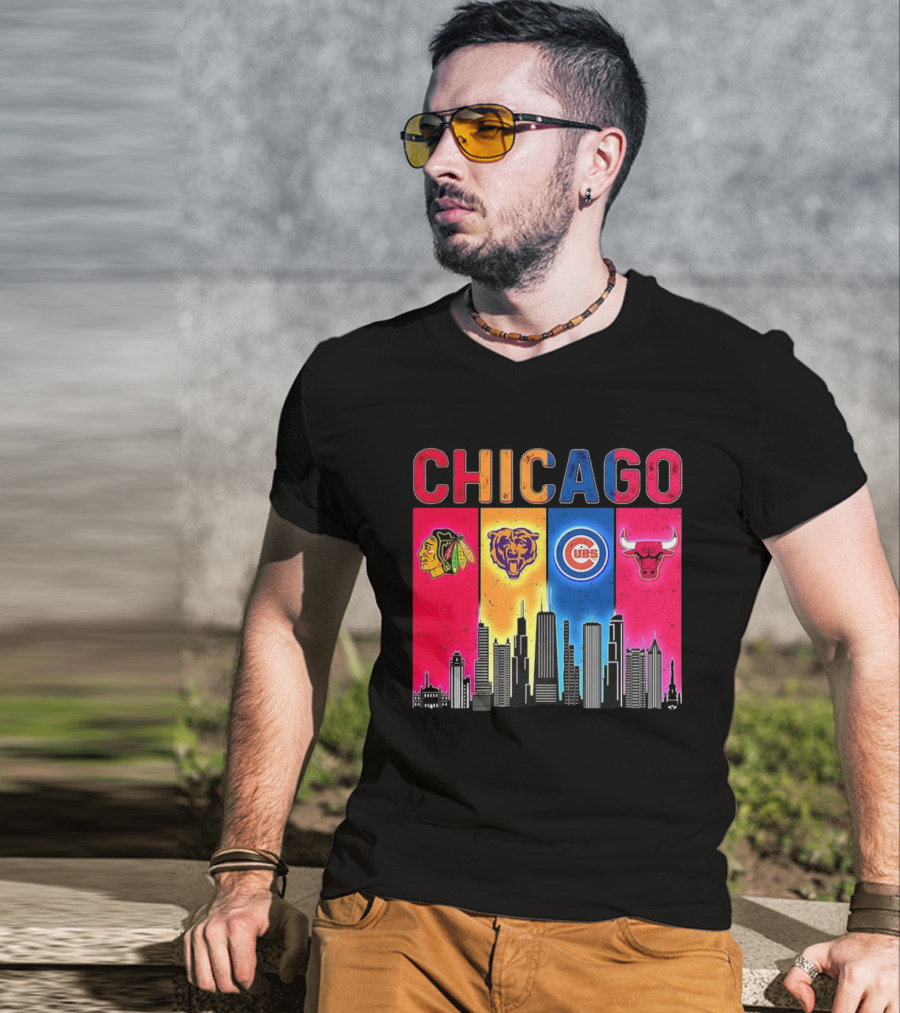 Chicago Blackhawks Bears Cubs Bulls Skyline T-Shirt