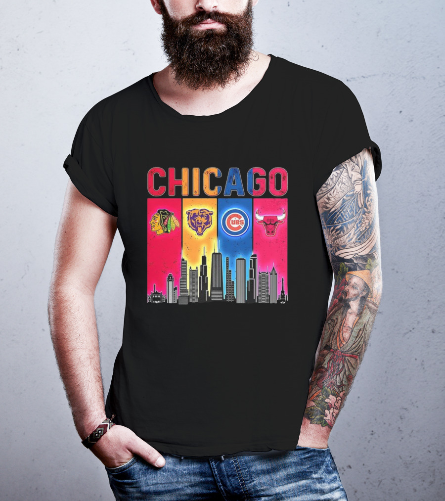 Chicago Blackhawks Bears Cubs Bulls Skyline T-Shirt