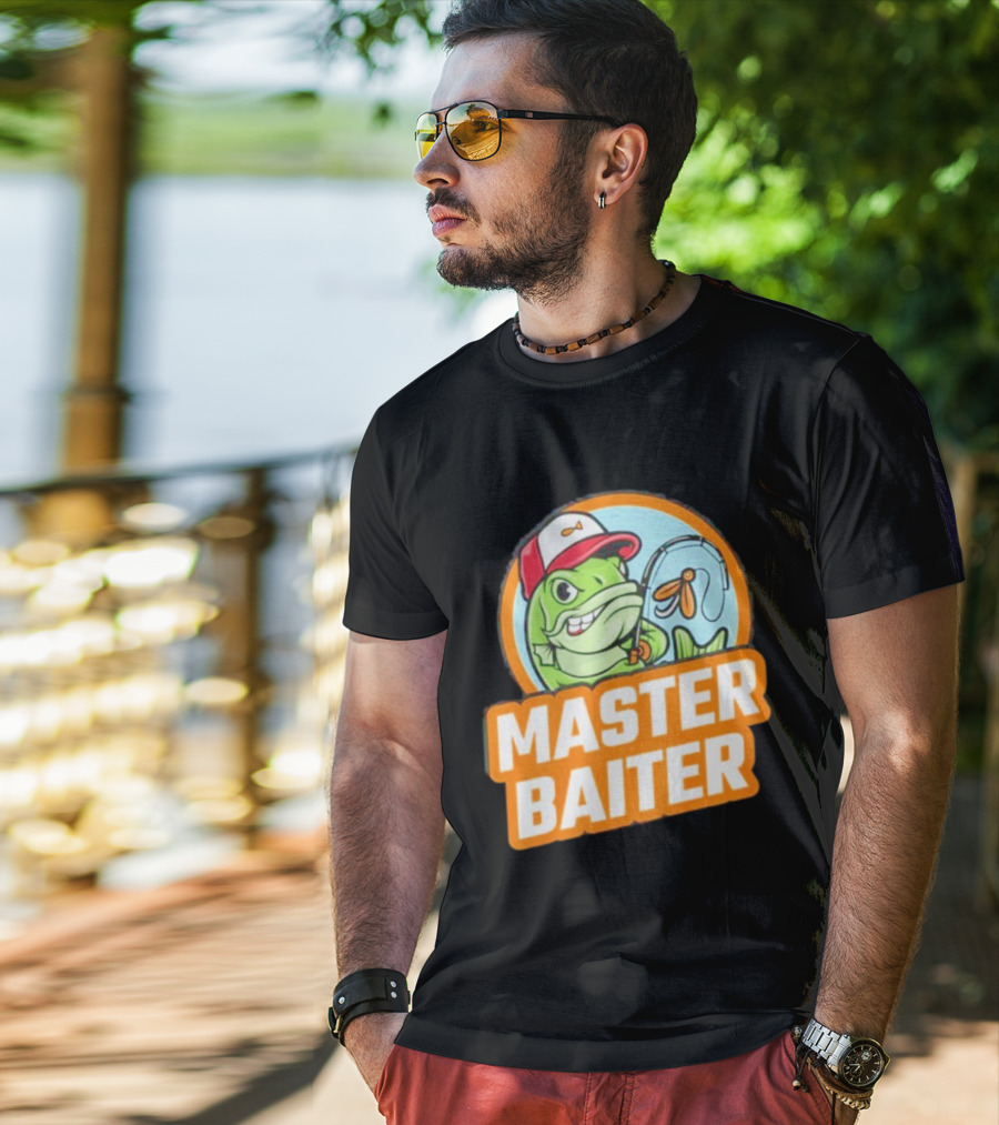 Master Baiter Fishing Cartoon Fish With Red Cap And Fishing Rod T-Shirt