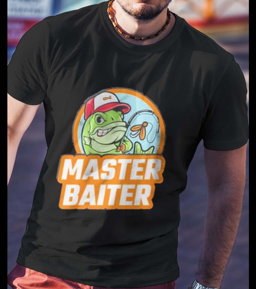 Master Baiter Fishing Cartoon Fish With Red Cap And Fishing Rod T-Shirt