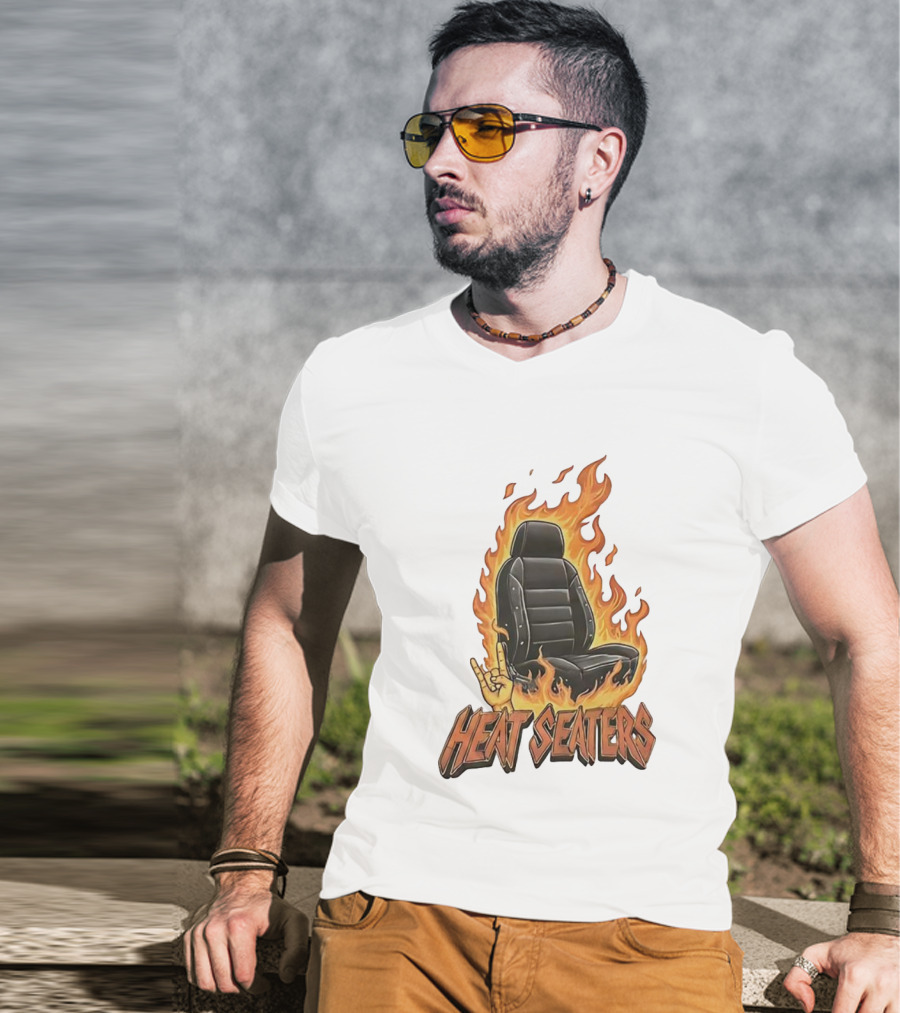 Heat Seaters Flaming Car Seat Rock Emoji T-Shirt