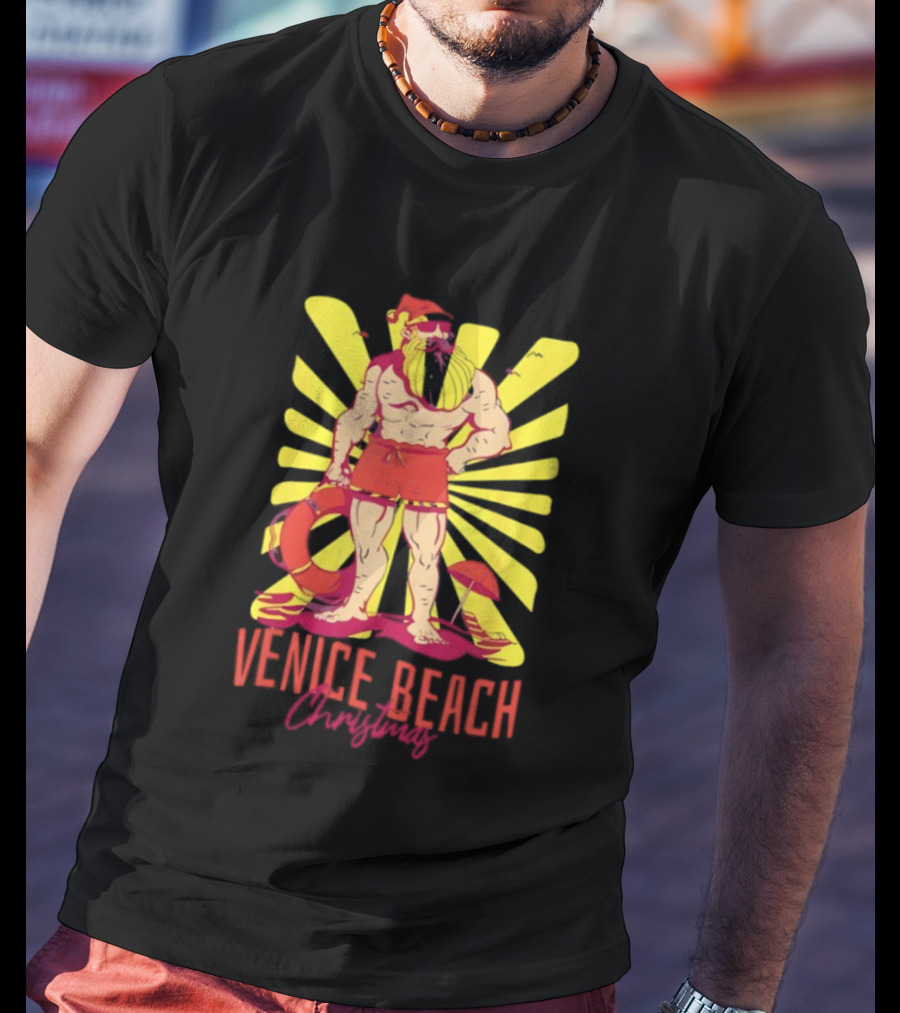 Venice Beach Christmas Lifeguard Santa Sunburst T-Shirt
