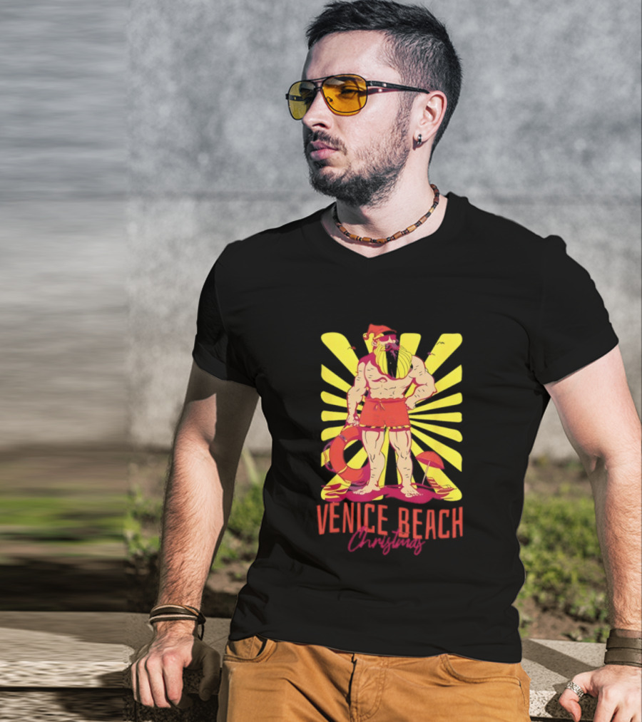 Venice Beach Christmas Lifeguard Santa Sunburst T-Shirt