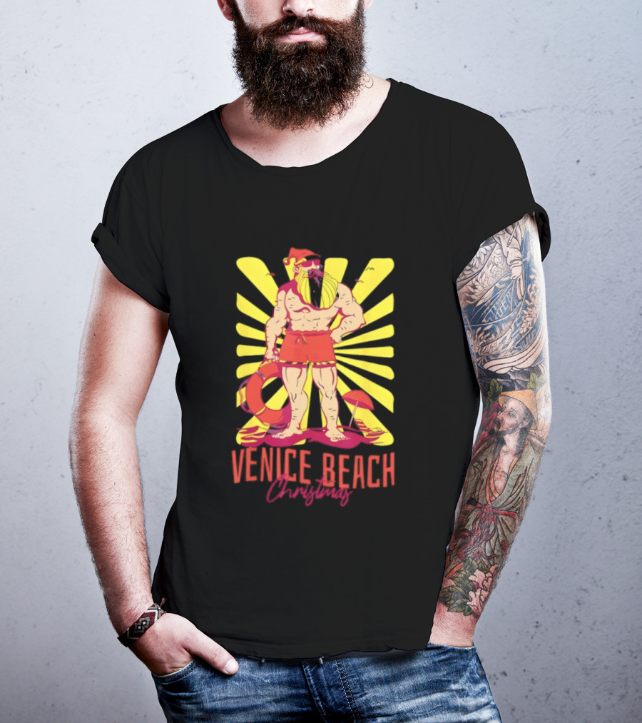 Venice Beach Christmas Lifeguard Santa Sunburst T-Shirt