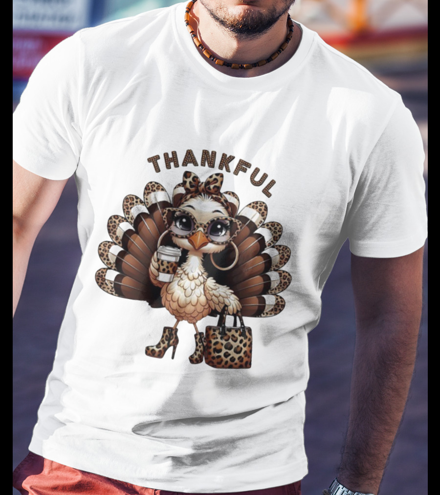 Thankful Leopard Print Turkey Coffee Lover Fashionista T-Shirt
