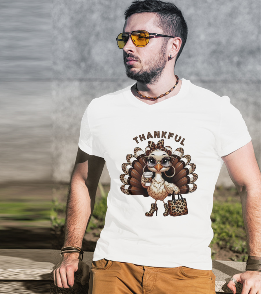 Thankful Leopard Print Turkey Coffee Lover Fashionista T-Shirt