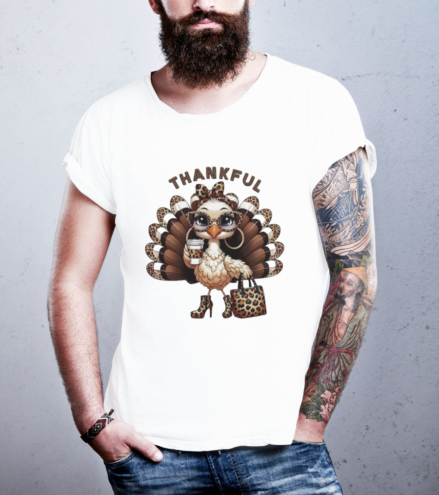 Thankful Leopard Print Turkey Coffee Lover Fashionista T-Shirt