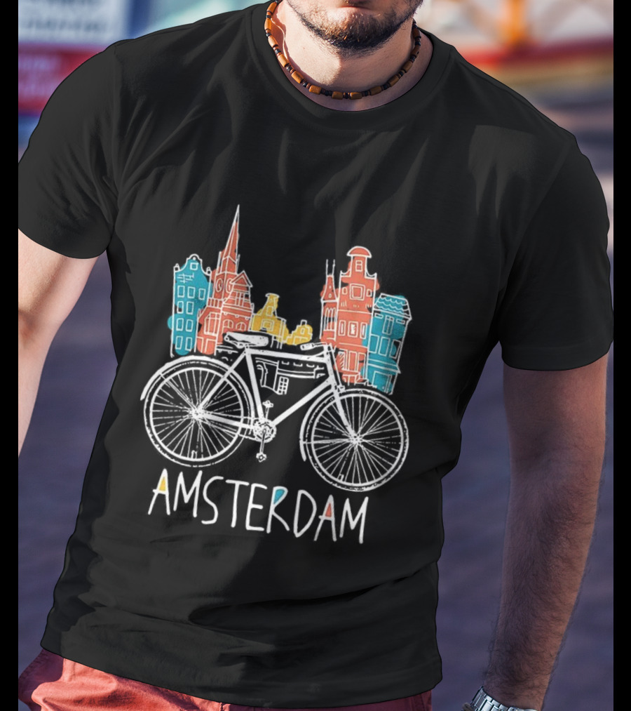 Amsterdam Bicycle Skyline Colorful Sketch Houses T-Shirt
