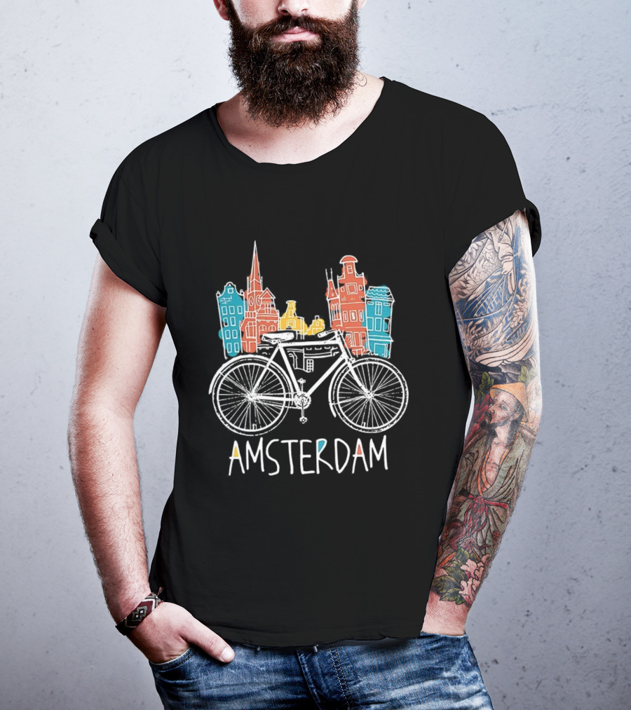 Amsterdam Bicycle Skyline Colorful Sketch Houses T-Shirt