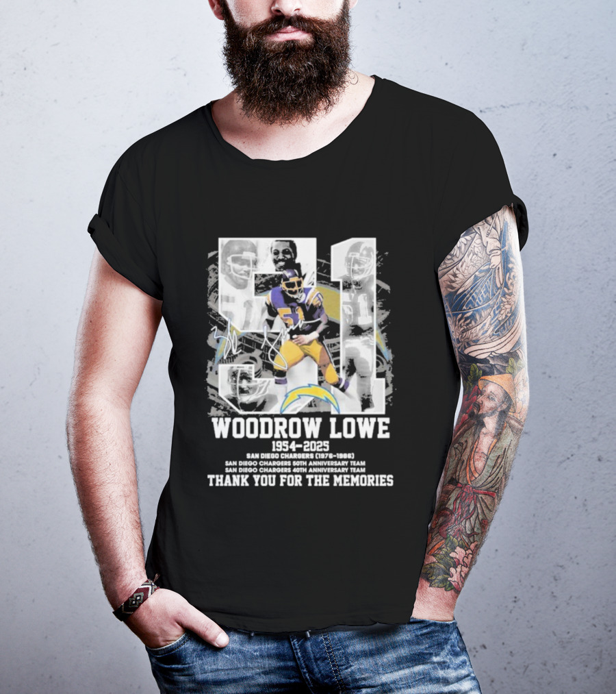 Woodrow Lowe 1954-2023 San Diego Chargers Anniversary Team Thank You For The Memories T-Shirt