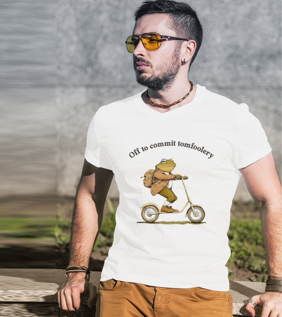 Off To Commit Tomfoolery Frog Riding Scooter With Backpack T-Shirt