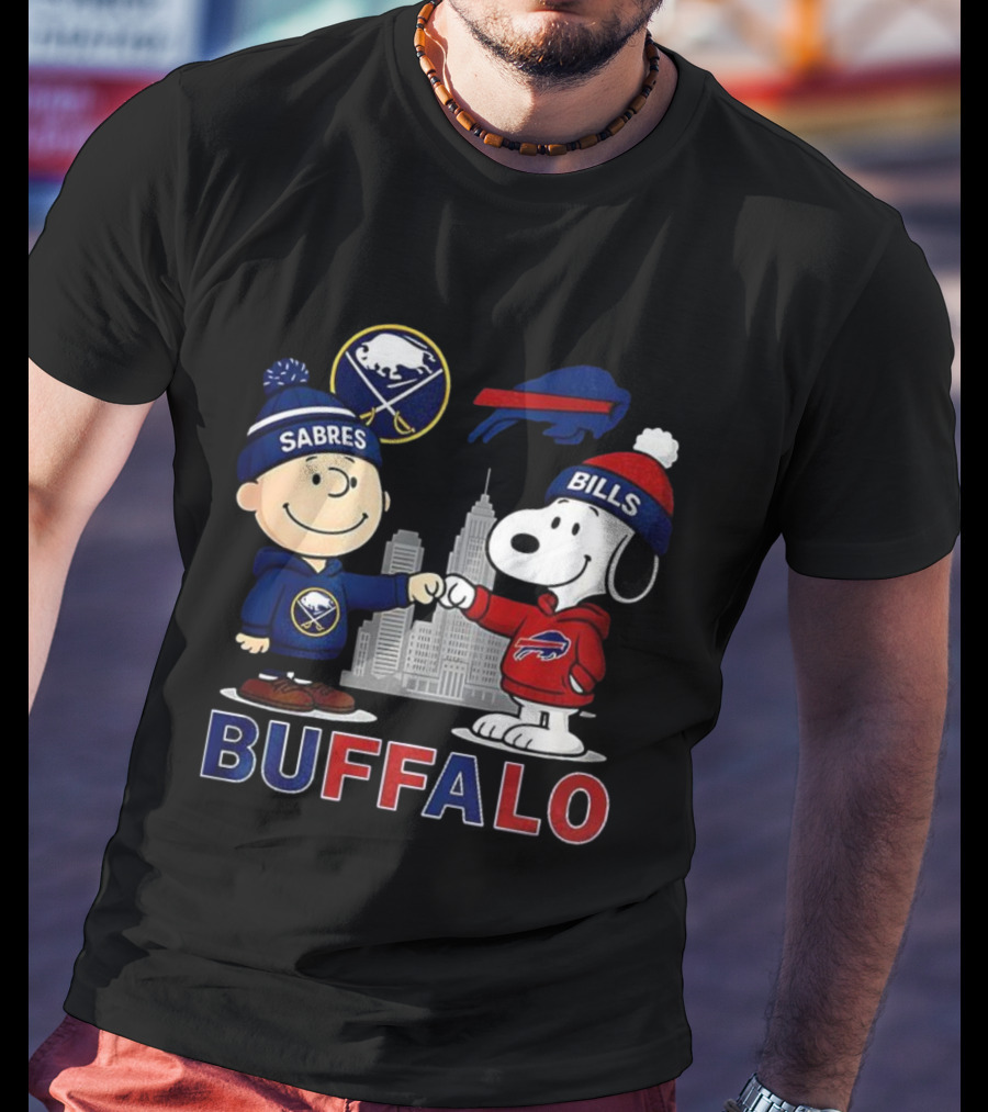 Charlie Brown Snoopy Buffalo Sabres Bills Skyline Fist Bump T-Shirt
