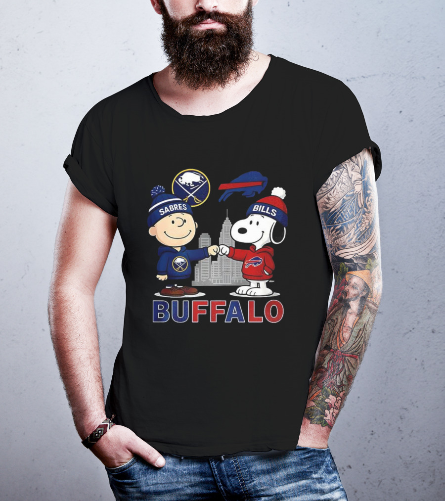 Charlie Brown Snoopy Buffalo Sabres Bills Skyline Fist Bump T-Shirt