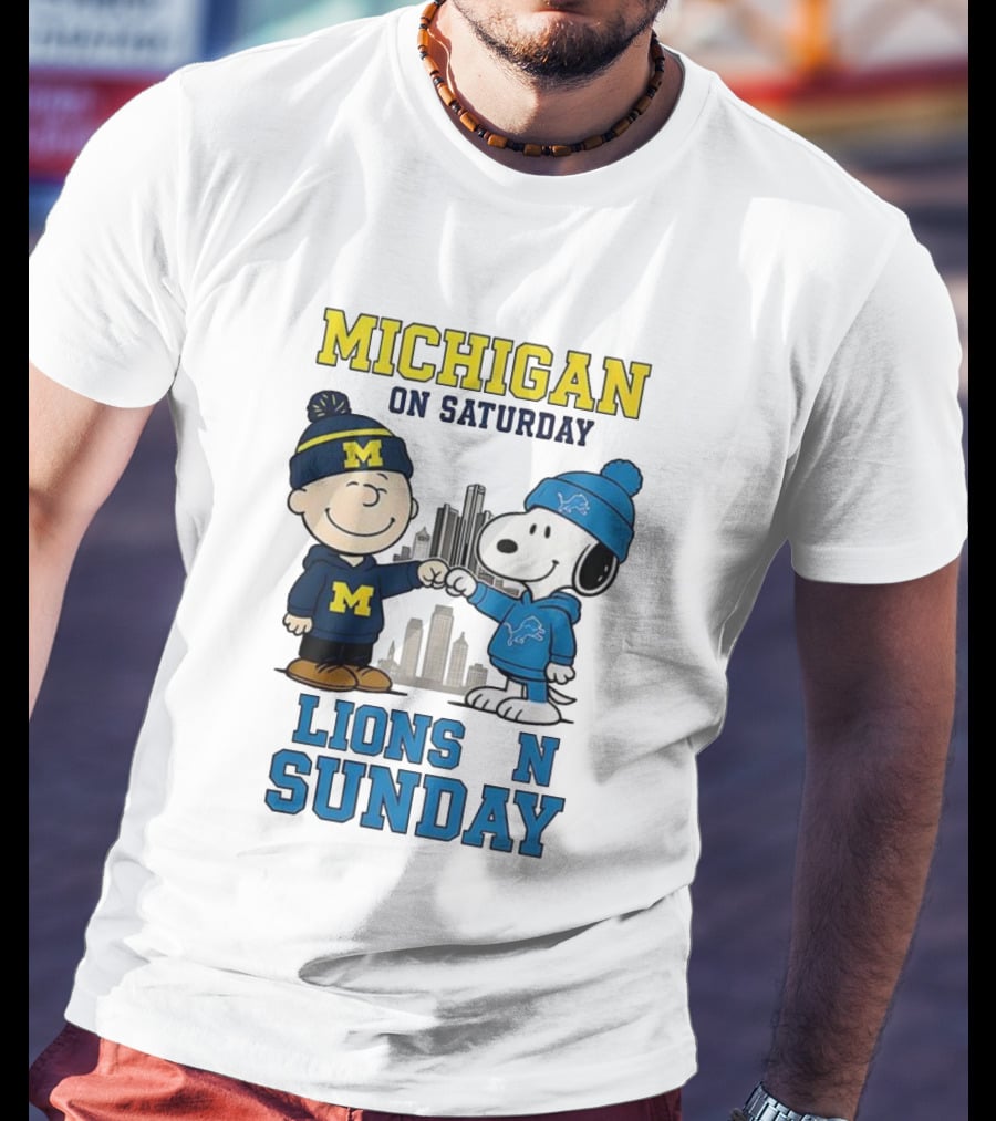 Michigan Wolverines On Saturday Charlie Brown And Snoopy Lions On Sunday T-Shirt