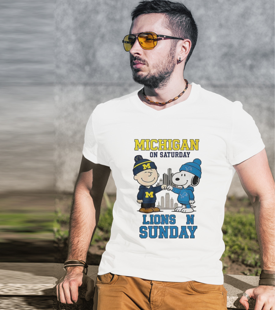 Michigan Wolverines On Saturday Charlie Brown And Snoopy Lions On Sunday T-Shirt