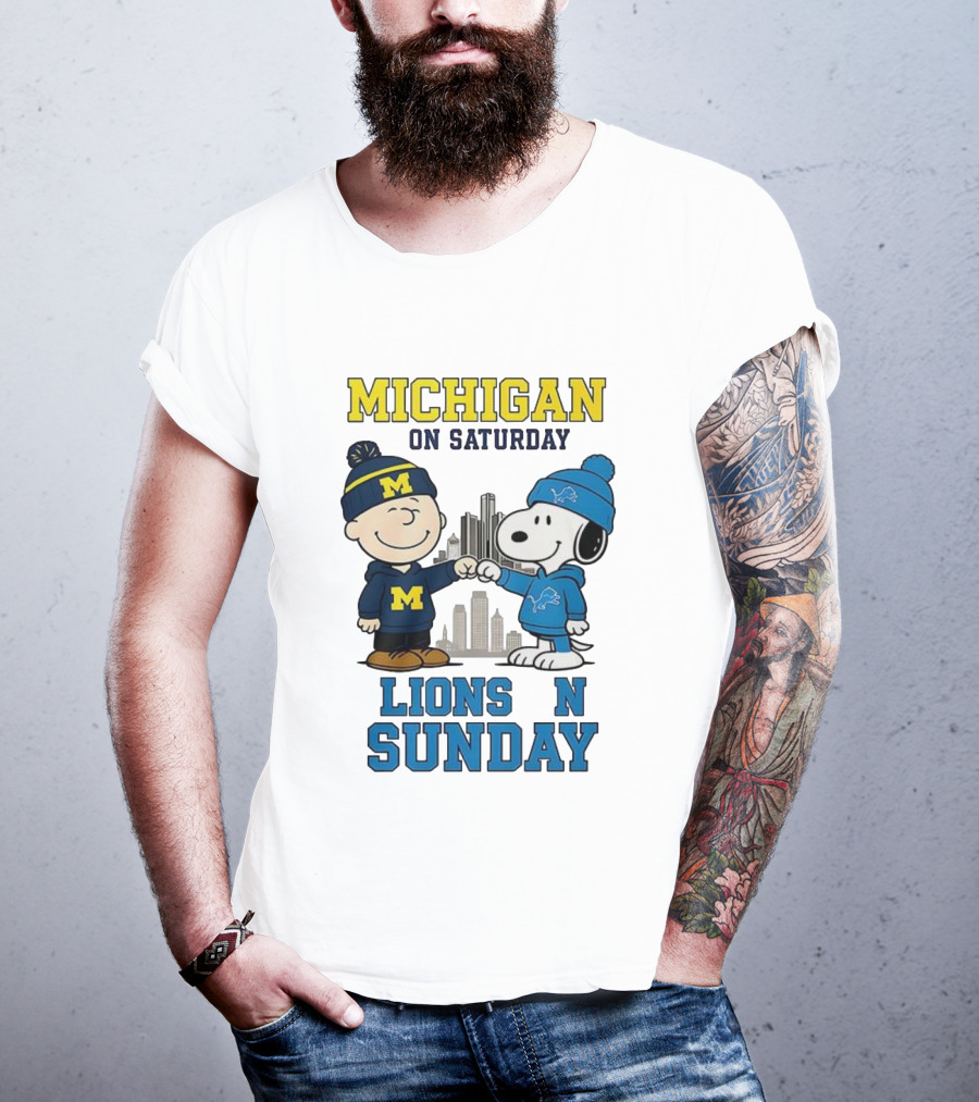 Michigan Wolverines On Saturday Charlie Brown And Snoopy Lions On Sunday T-Shirt